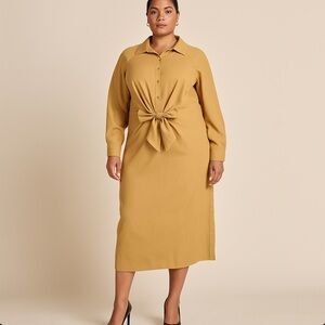 Eloquii Midi Dress Sz 14 Tan Tie Waist Button Front Minimalist Office Career